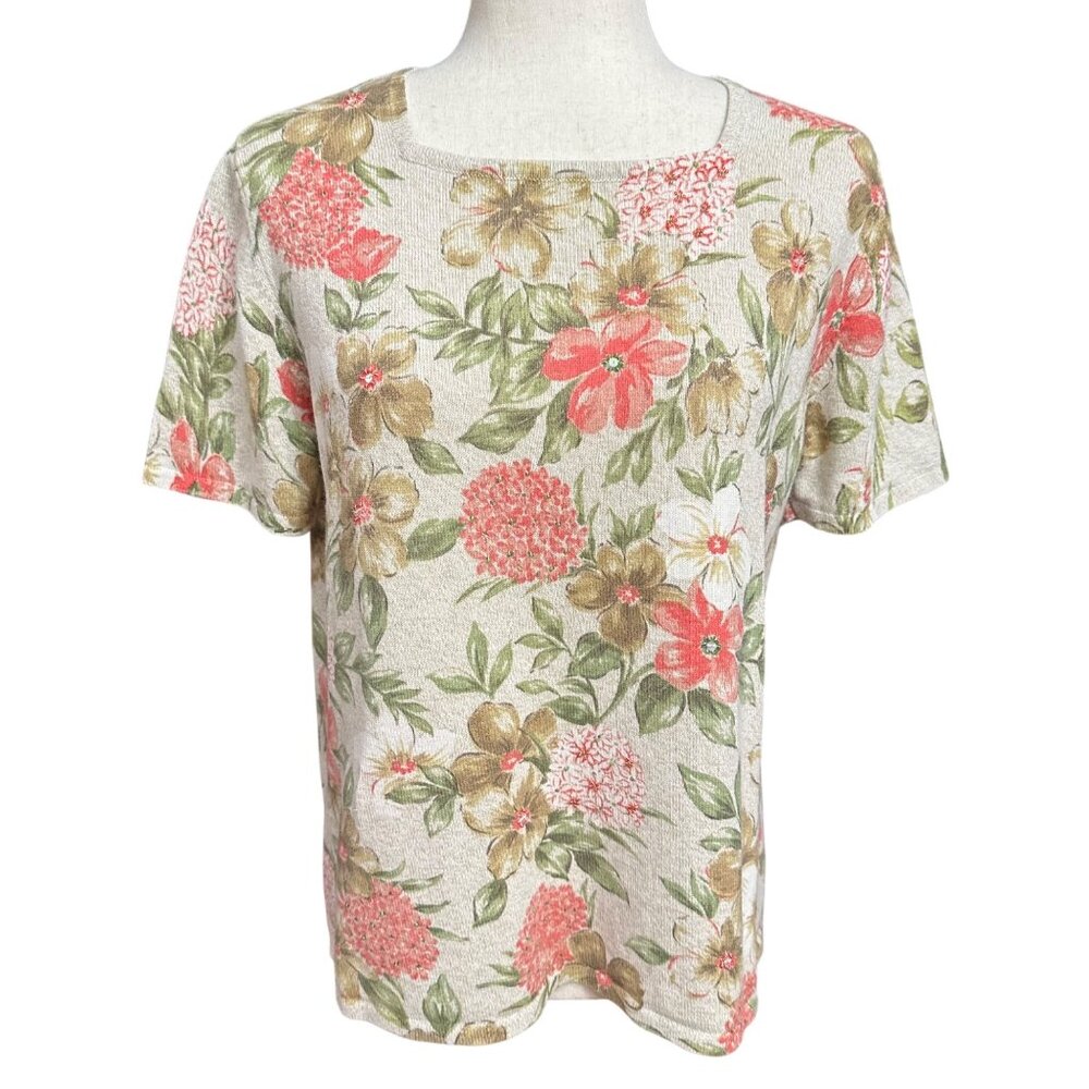 Alfred Dunner Shirt Women S Beige Pink Floral Beaded Short Sleeve Ramie Blend
